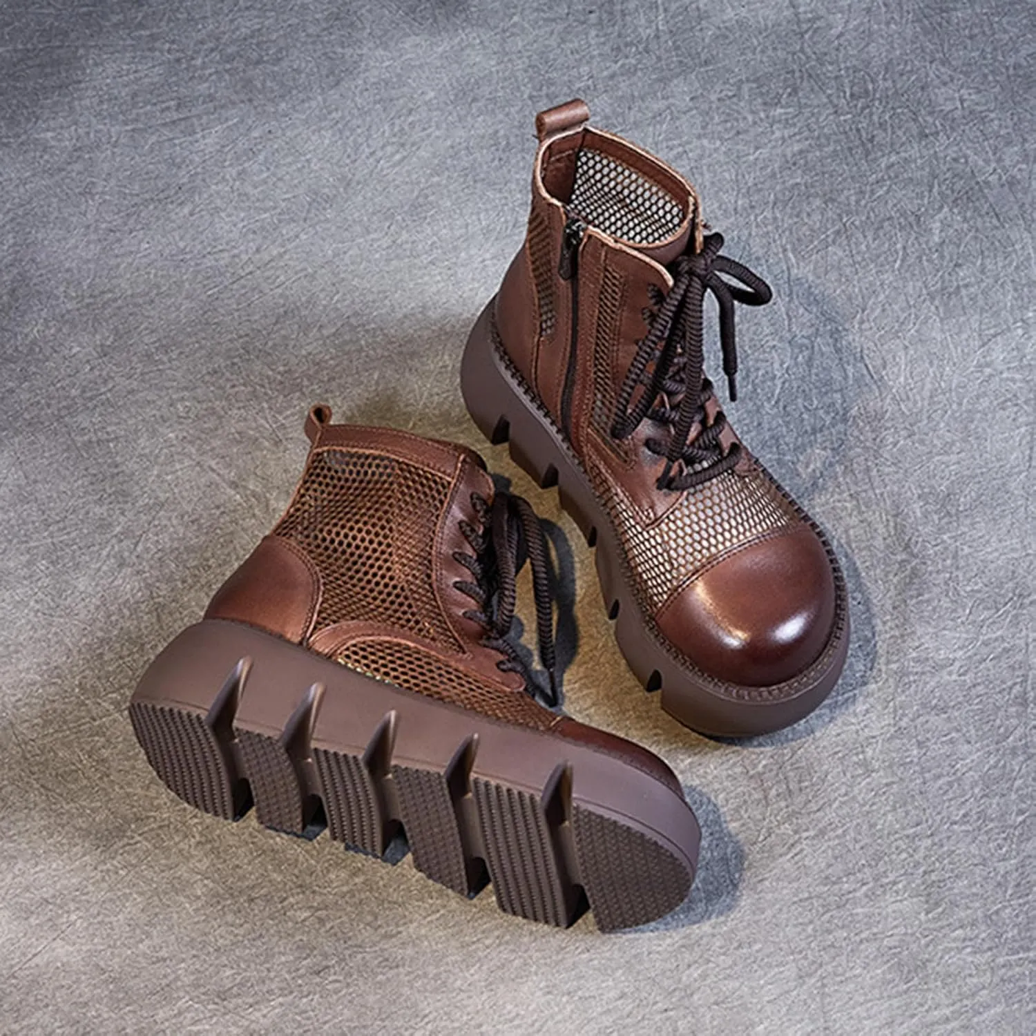 Women's Hollow Mesh Lace Up Platform Ankle Boots,Fashion Round Toe Side Zip Breathable Summer Boot Sandals Casual Non-Slip Punk Booties