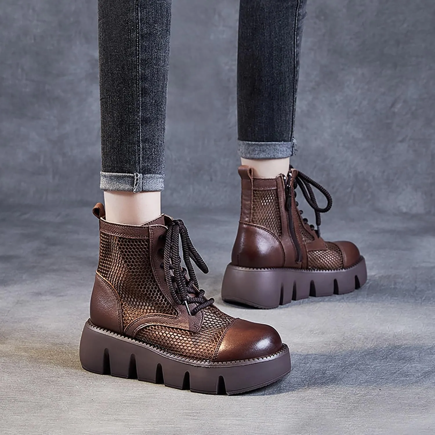 Women's Hollow Mesh Lace Up Platform Ankle Boots,Fashion Round Toe Side Zip Breathable Summer Boot Sandals Casual Non-Slip Punk Booties