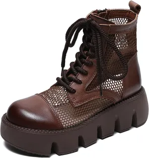 Women's Hollow Mesh Lace Up Platform Ankle Boots,Fashion Round Toe Side Zip Breathable Summer Boot Sandals Casual Non-Slip Punk Booties