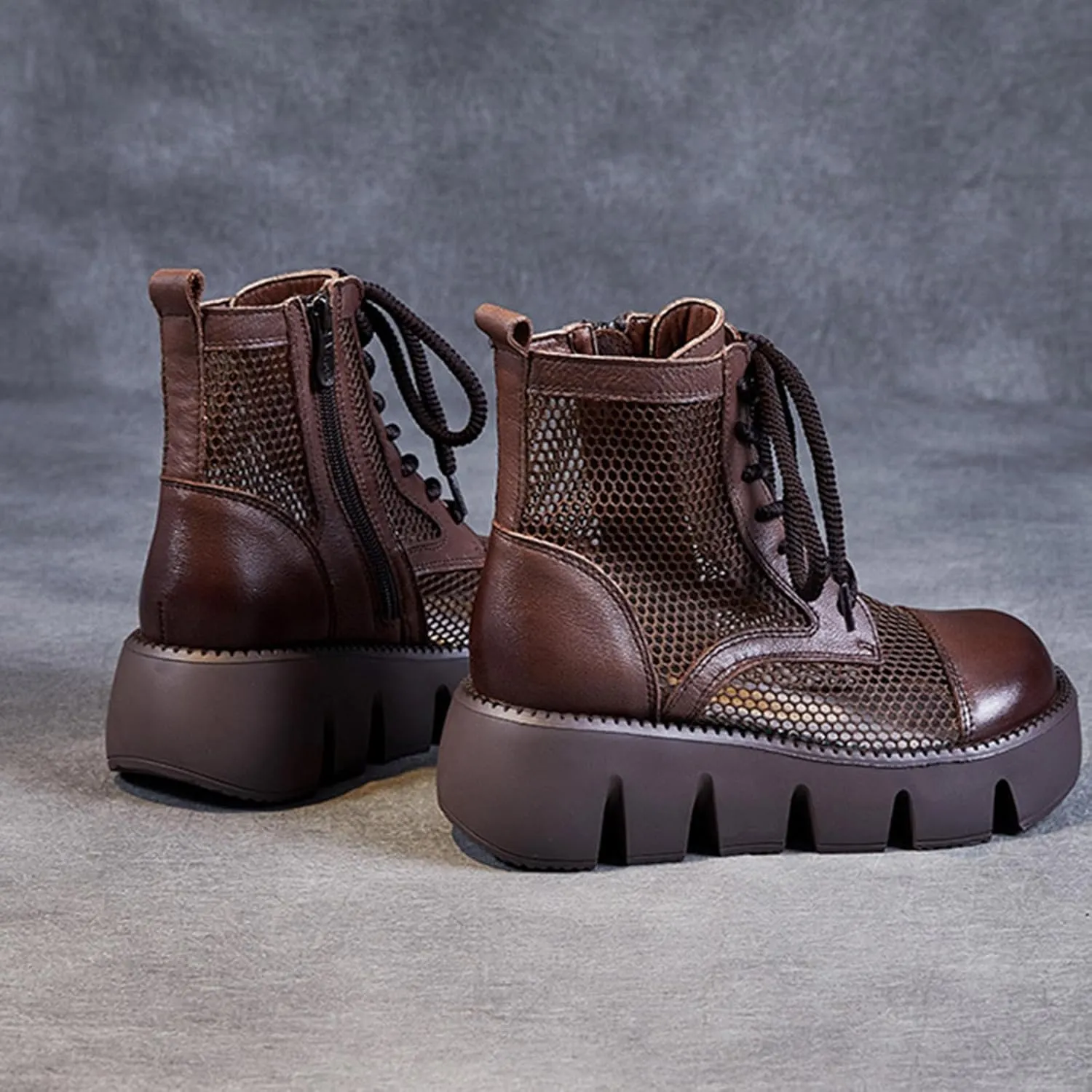 Women's Hollow Mesh Lace Up Platform Ankle Boots,Fashion Round Toe Side Zip Breathable Summer Boot Sandals Casual Non-Slip Punk Booties