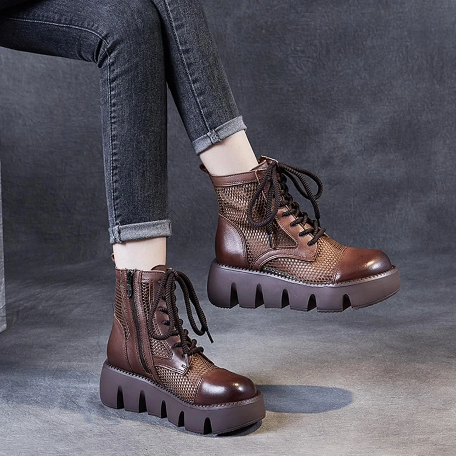 Women's Hollow Mesh Lace Up Platform Ankle Boots,Fashion Round Toe Side Zip Breathable Summer Boot Sandals Casual Non-Slip Punk Booties