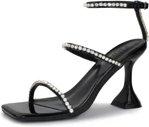 Women's Kitten Heel Rhinestone Sandals Lace Up Square Open Toe Heels Sparkly Sandals with Stiletto Buckle Strap for Dress Party Prom Wedding High Heeled Shoes