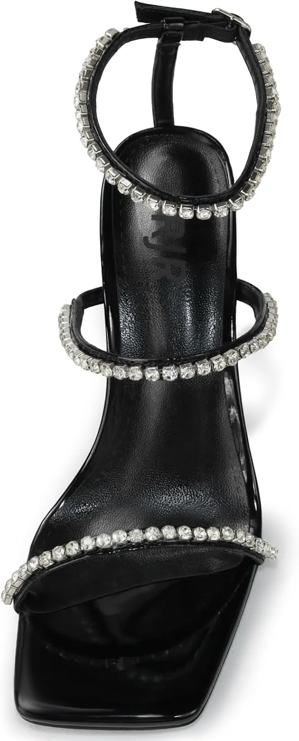 Women's Kitten Heel Rhinestone Sandals Lace Up Square Open Toe Heels Sparkly Sandals with Stiletto Buckle Strap for Dress Party Prom Wedding High Heeled Shoes