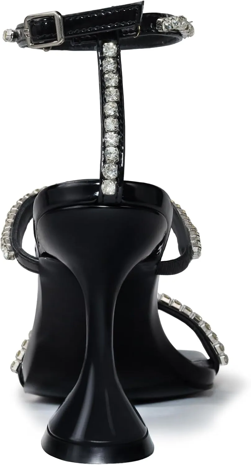 Women's Kitten Heel Rhinestone Sandals Lace Up Square Open Toe Heels Sparkly Sandals with Stiletto Buckle Strap for Dress Party Prom Wedding High Heeled Shoes
