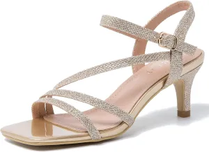 Women's Kitten Heels Strappy Square Open Toe Sandals Ankle Straps Slingback Party Dress Wedding Dance Shoes