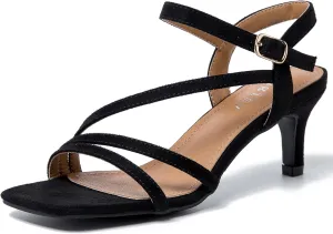 Women's Kitten Heels Strappy Square Open Toe Sandals Ankle Straps Slingback Party Dress Wedding Dance Shoes