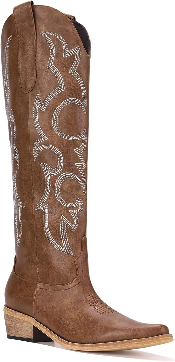 Women's Knee High Cowboy Boots for Women- Pointed Toe Cowgirl Boots Women with Side Zipper & Classic Embroidery Designs Ideal for Worker for Country Concert