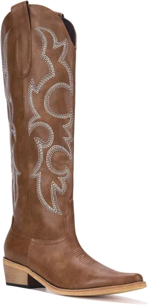 Women's Knee High Cowboy Boots for Women- Pointed Toe Cowgirl Boots Women with Side Zipper & Classic Embroidery Designs Ideal for Worker for Country Concert
