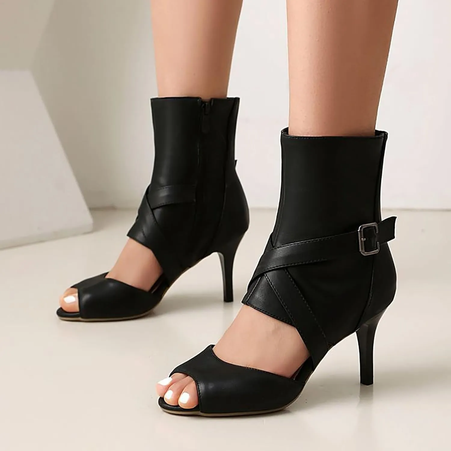 Women'S Leather Fish Mouth Stiletto Heel Ankle Boots Classic Breathable Side Zipper Open Toe Dress Bootie Sandals Summer Casual And Comfortable Outdoor Walking Sandals