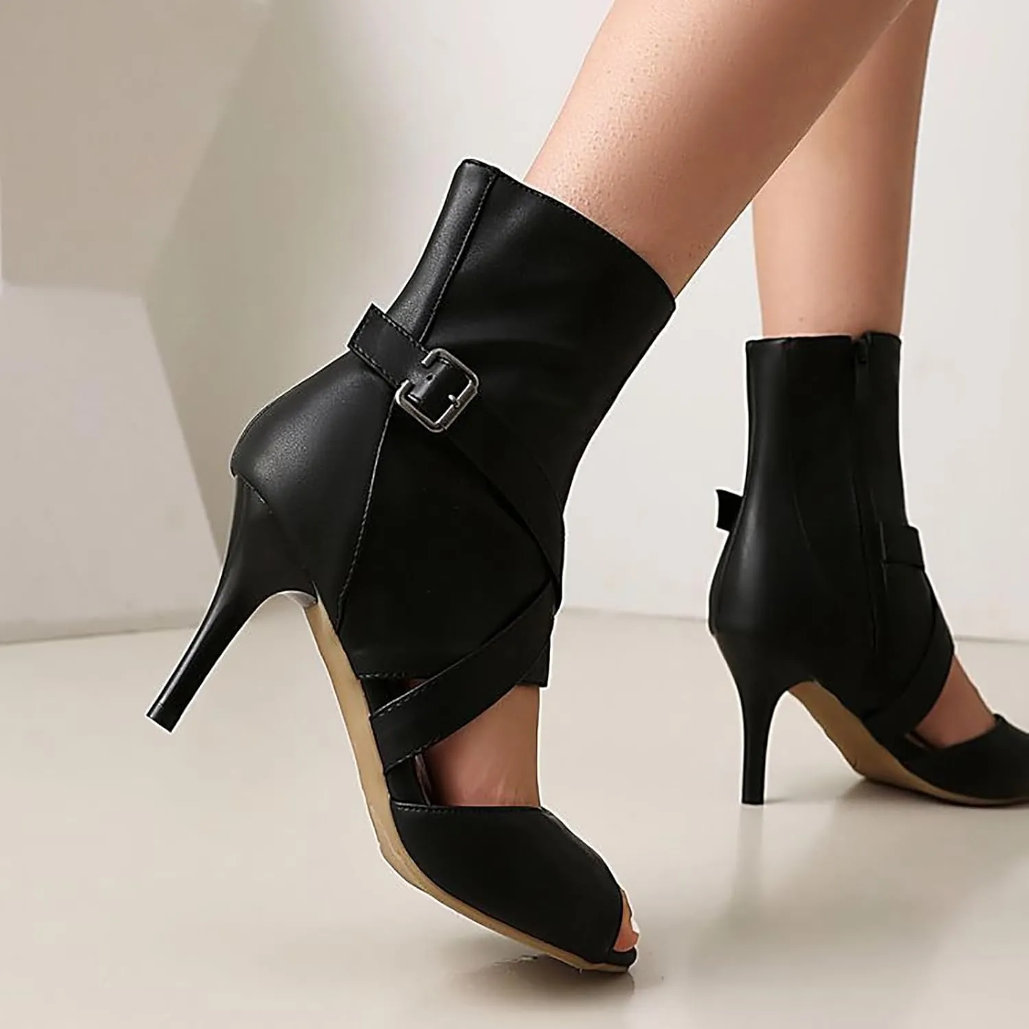 Women'S Leather Fish Mouth Stiletto Heel Ankle Boots Classic Breathable Side Zipper Open Toe Dress Bootie Sandals Summer Casual And Comfortable Outdoor Walking Sandals