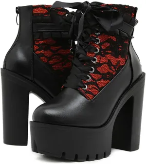 Women's Leather Lace Splicing Platform Chunky Heels Gothic Ankle Boots Classic Round Toe Lace up Back Zipper Fashion Thick High Heel Combat Boots Comfortable Rave Boots Punk Booties