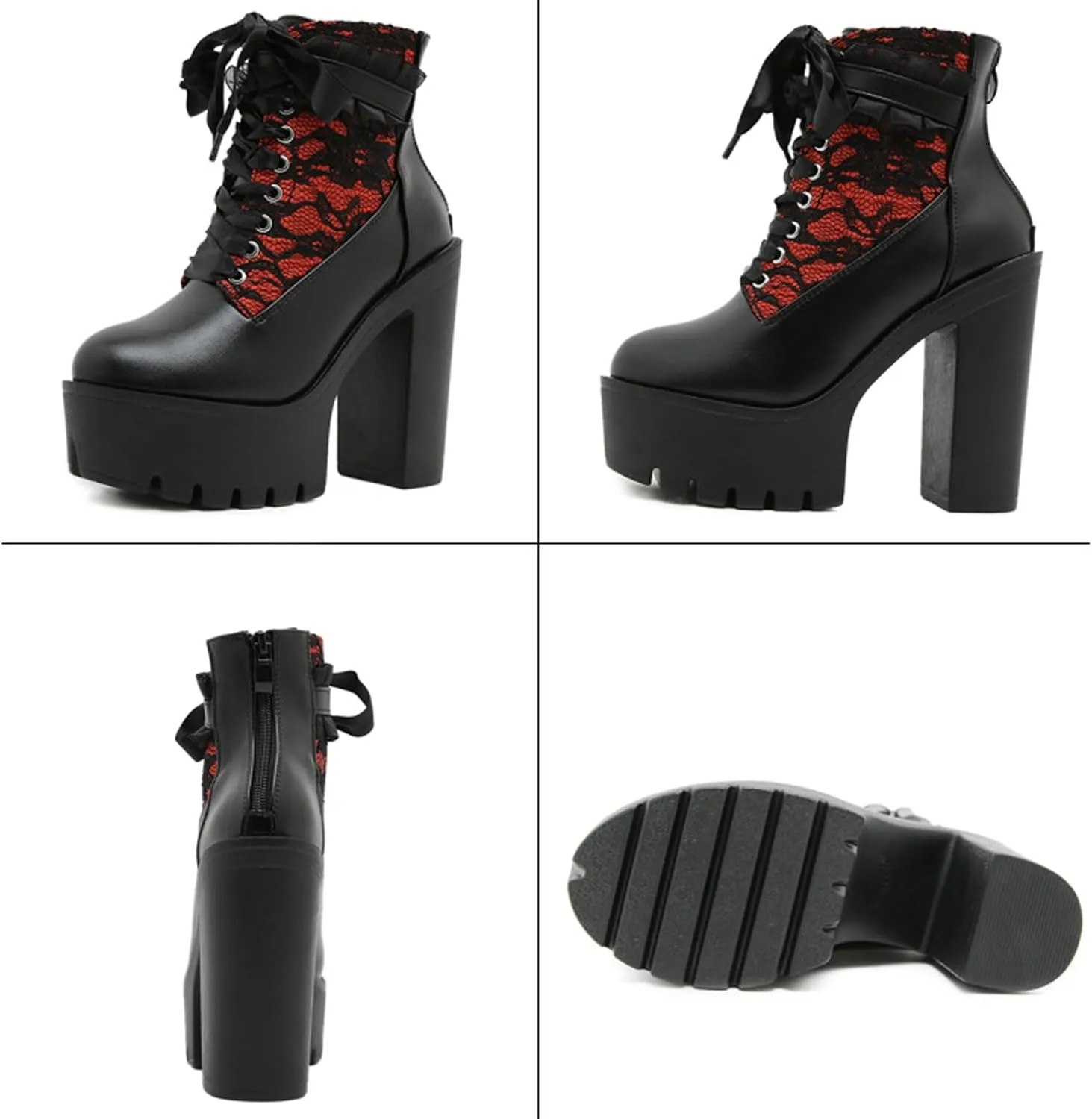 Women's Leather Lace Splicing Platform Chunky Heels Gothic Ankle Boots Classic Round Toe Lace up Back Zipper Fashion Thick High Heel Combat Boots Comfortable Rave Boots Punk Booties