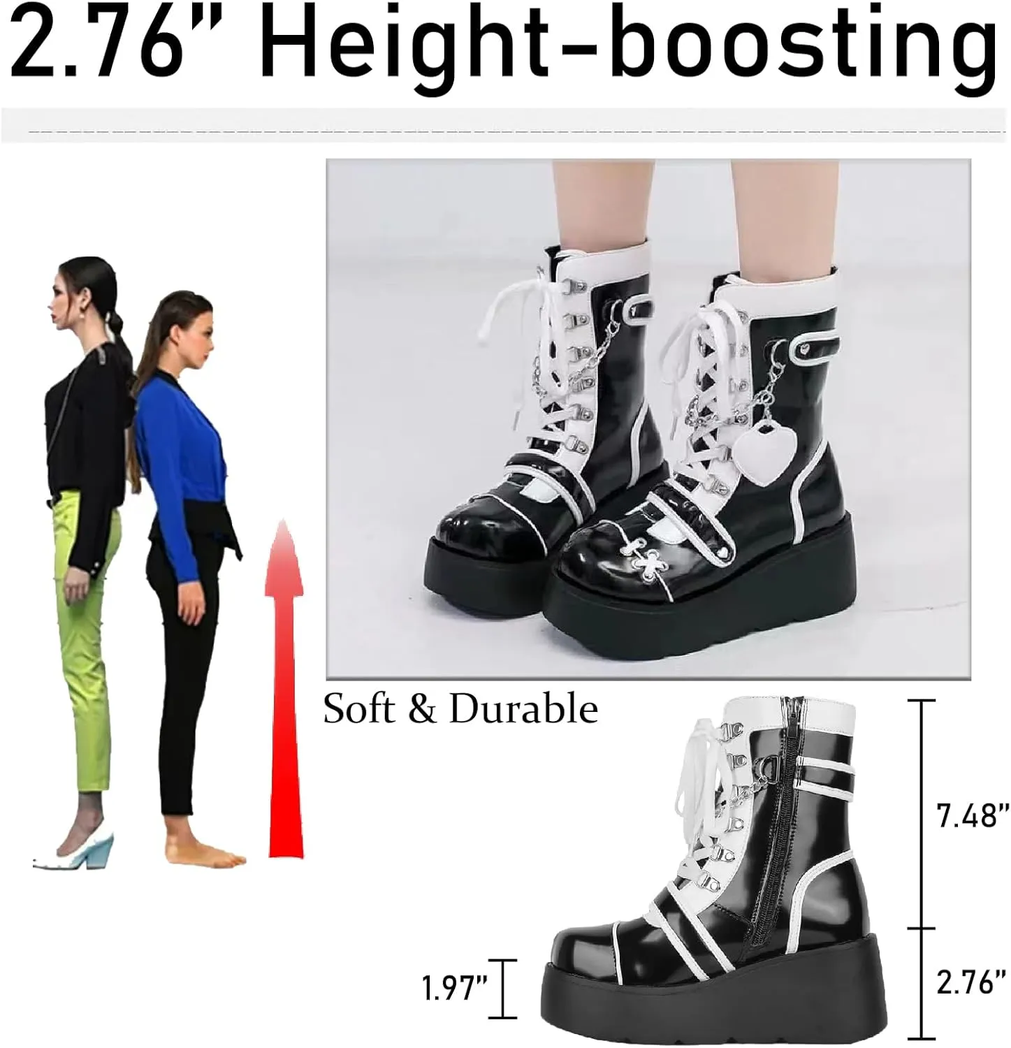 Women's Leather Platform Goth Rave Ankle Boots With Side Zipper Comfort Round Toe Lug Sole Wedge High Heel Kawaii Booties Cute Chain Lace Up Punk Y2K Combat Boots
