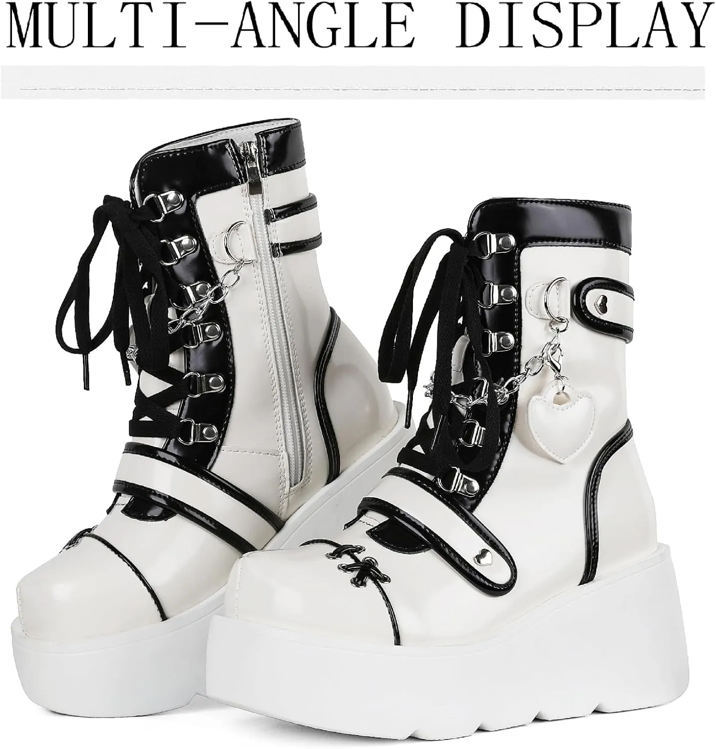 Women's Leather Platform Goth Rave Ankle Boots With Side Zipper Comfort Round Toe Lug Sole Wedge High Heel Kawaii Booties Cute Chain Lace Up Punk Y2K Combat Boots