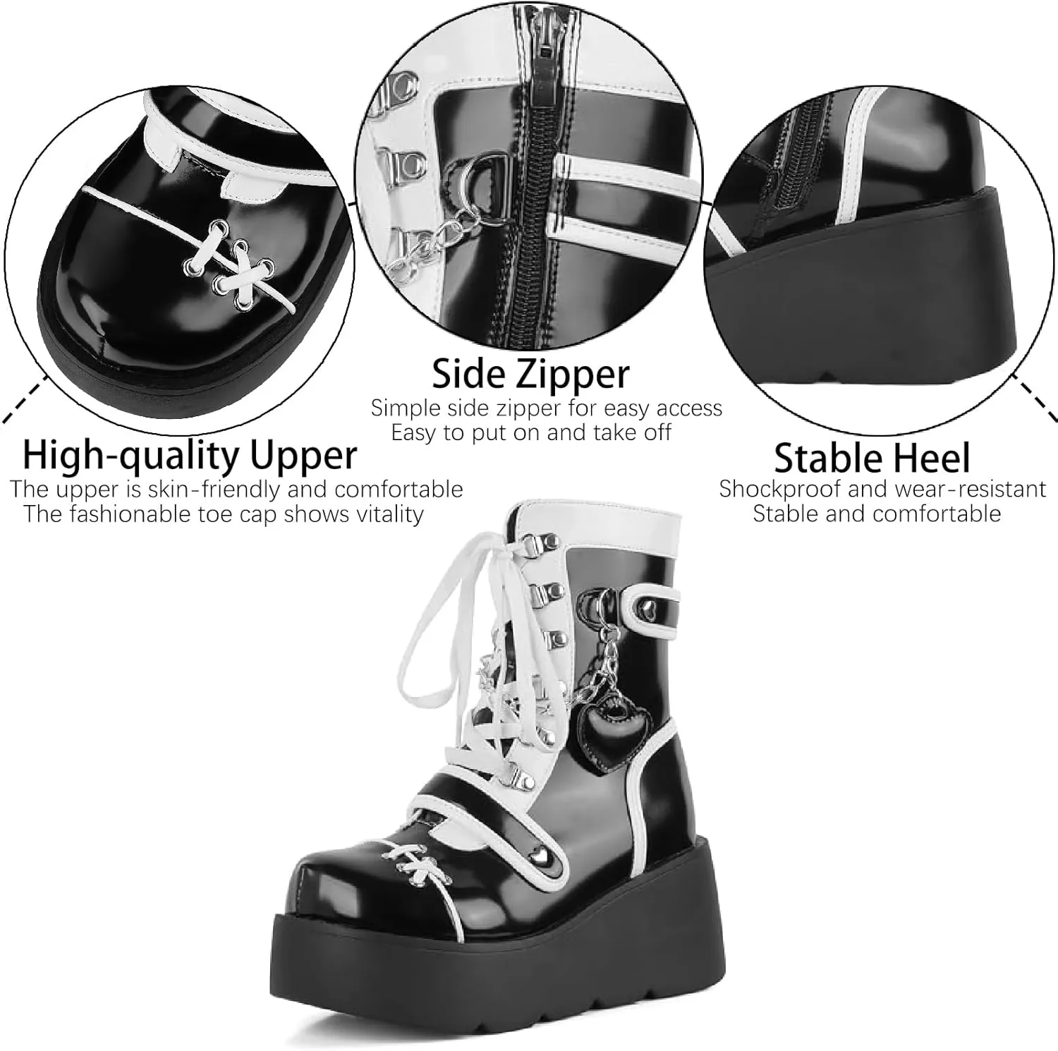Women's Leather Platform Goth Rave Ankle Boots With Side Zipper Comfort Round Toe Lug Sole Wedge High Heel Kawaii Booties Cute Chain Lace Up Punk Y2K Combat Boots