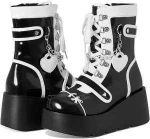 Women's Leather Platform Goth Rave Ankle Boots With Side Zipper Comfort Round Toe Lug Sole Wedge High Heel Kawaii Booties Cute Chain Lace Up Punk Y2K Combat Boots