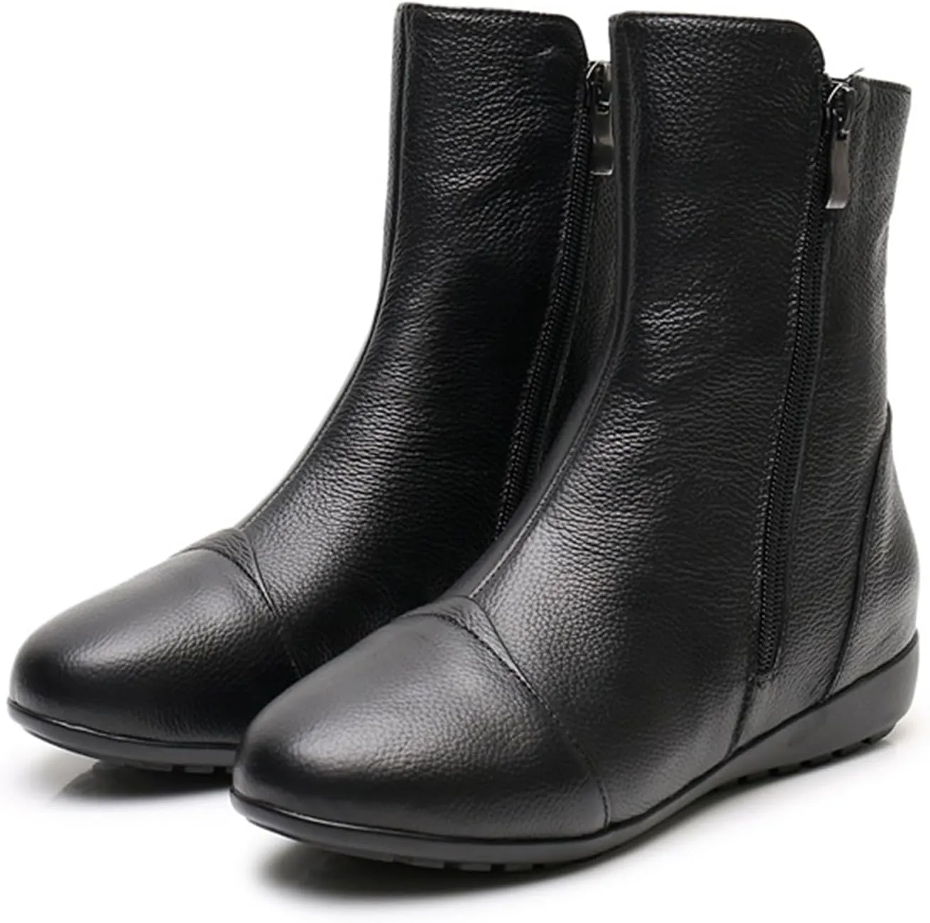 Women's Leather Side Zip Flat Ankle Boots Fashion Comfortable Slip-on Fur Lined Warm Chelsea Booties Winter Low Heel Mid Calf Flat Boots