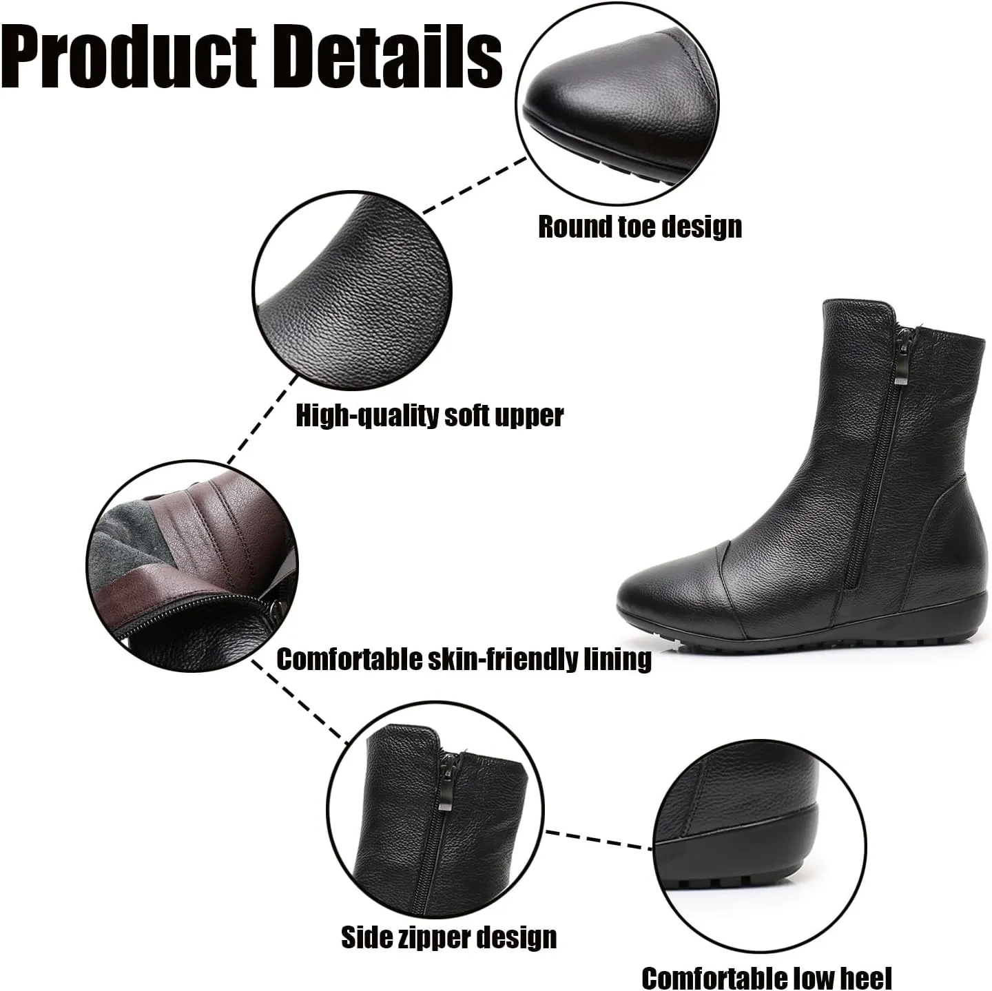 Women's Leather Side Zip Flat Ankle Boots Fashion Comfortable Slip-on Fur Lined Warm Chelsea Booties Winter Low Heel Mid Calf Flat Boots