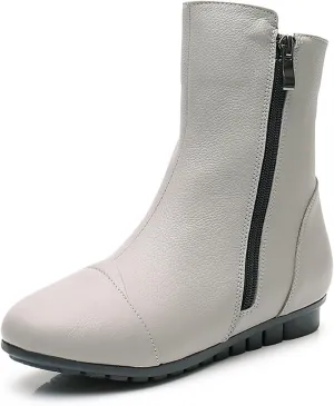 Women's Leather Side Zip Flat Ankle Boots Fashion Comfortable Slip-on Fur Lined Warm Chelsea Booties Winter Low Heel Mid Calf Flat Boots