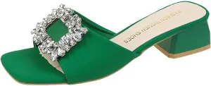 Women's Leather Square Rhinestone Block Heel Mules Sandals Fashion Square Open Toe Low Block Heel Slides Sandals for Party Wedding Dress Shoes