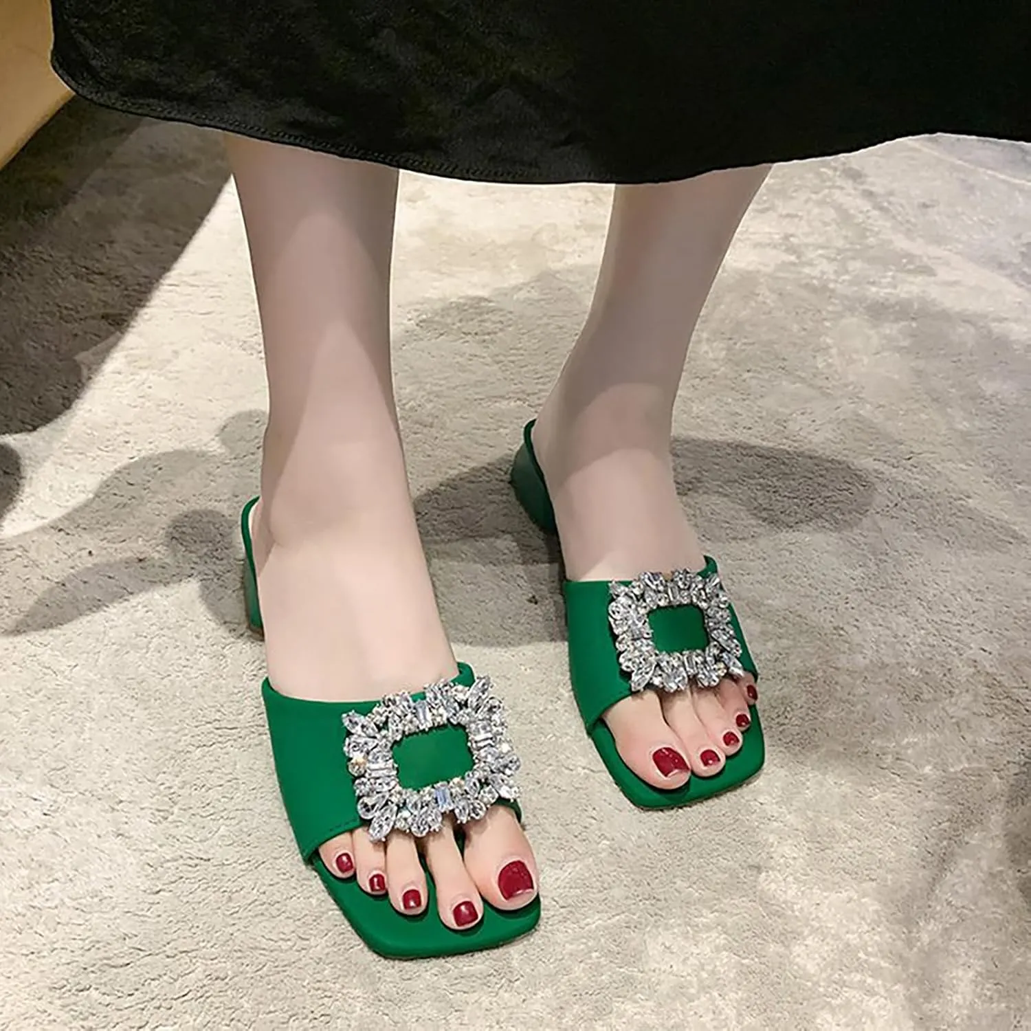 Women's Leather Square Rhinestone Block Heel Mules Sandals Fashion Square Open Toe Low Block Heel Slides Sandals for Party Wedding Dress Shoes