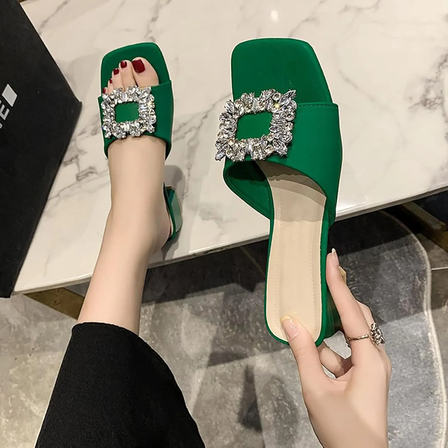 Women's Leather Square Rhinestone Block Heel Mules Sandals Fashion Square Open Toe Low Block Heel Slides Sandals for Party Wedding Dress Shoes