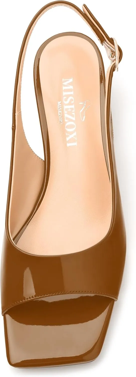 Womens Low Heel Slingbacks, Square Peep Toe Block Heel Sandals for Women, Comfort Heeled Casual Shoes