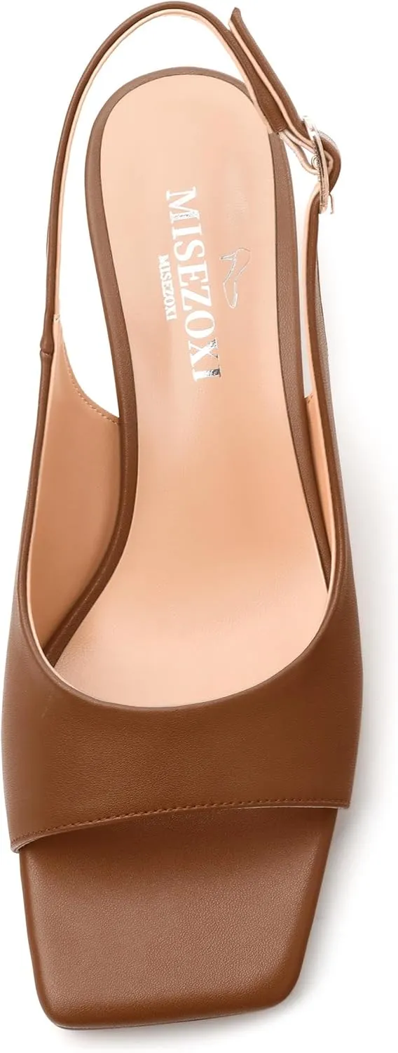 Womens Low Heel Slingbacks, Square Peep Toe Block Heel Sandals for Women, Comfort Heeled Casual Shoes