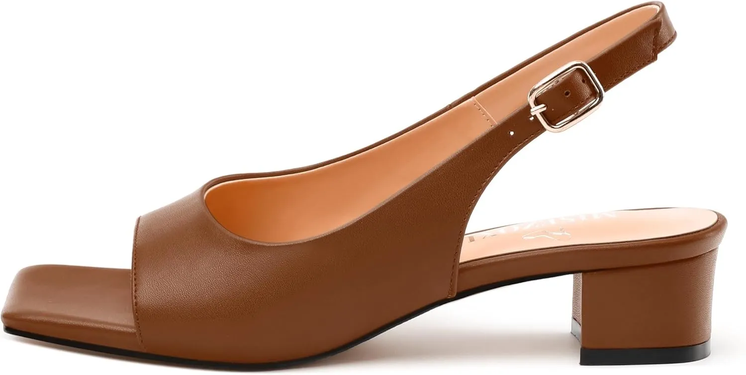Womens Low Heel Slingbacks, Square Peep Toe Block Heel Sandals for Women, Comfort Heeled Casual Shoes