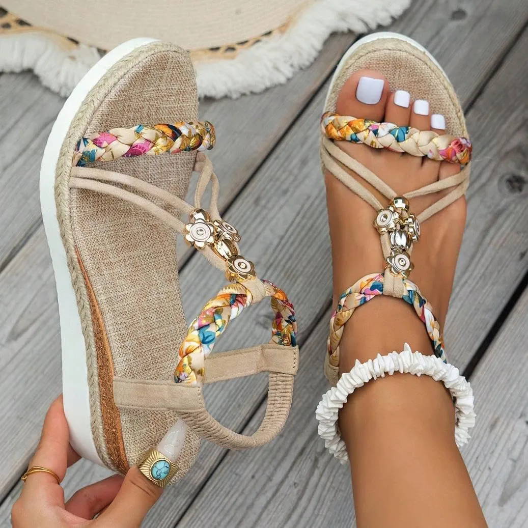 Womens Low Wedge Heels Sandals Shoes,Wide Width Platform Wedge Sandals for Women Summer Dressy,Comfort Walking Non Slip Casual Summer Beach Sandals Ankle Elastic Bohemian Woven Sandals
