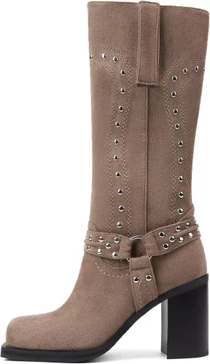 Women's Mid Calf Boots Motorcycle Biker Boots Studded Buckle Square Toe Pull On Block Heeled Booties Fashion Suede Riding Shoes for Women