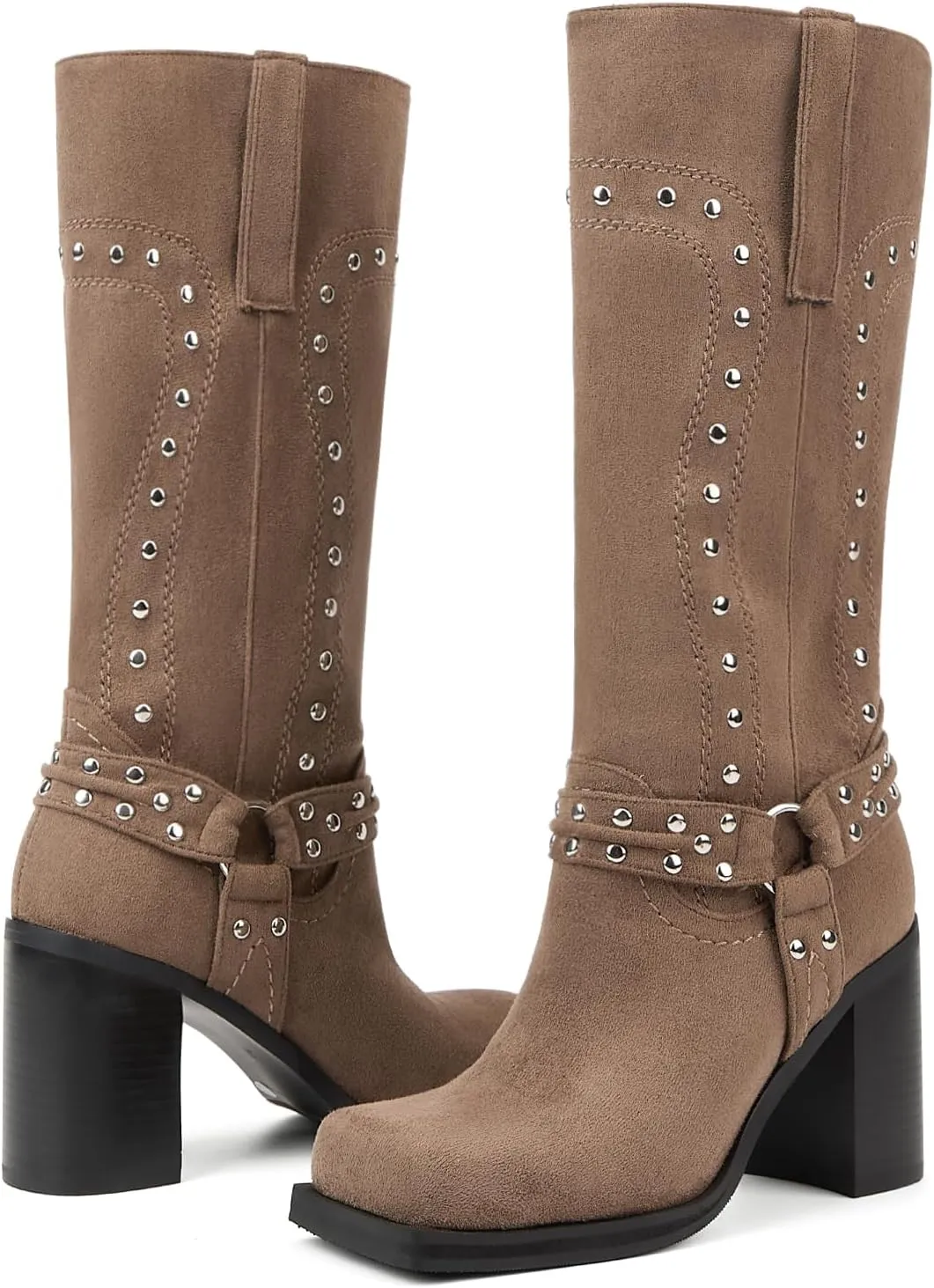 Women's Mid Calf Boots Motorcycle Biker Boots Studded Buckle Square Toe Pull On Block Heeled Booties Fashion Suede Riding Shoes for Women