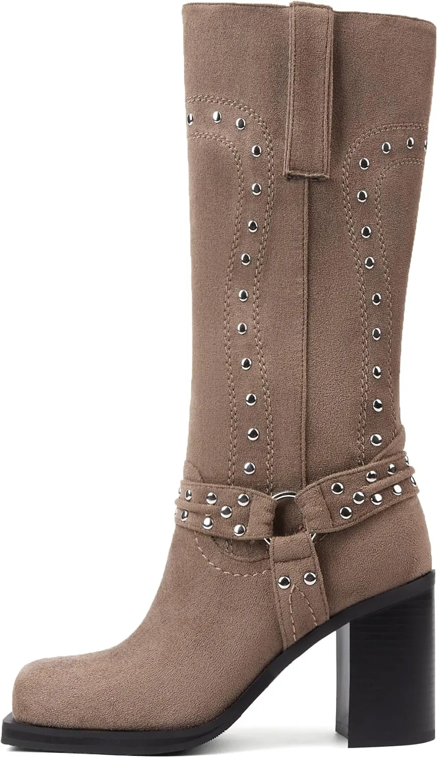 Women's Mid Calf Boots Motorcycle Biker Boots Studded Buckle Square Toe Pull On Block Heeled Booties Fashion Suede Riding Shoes for Women