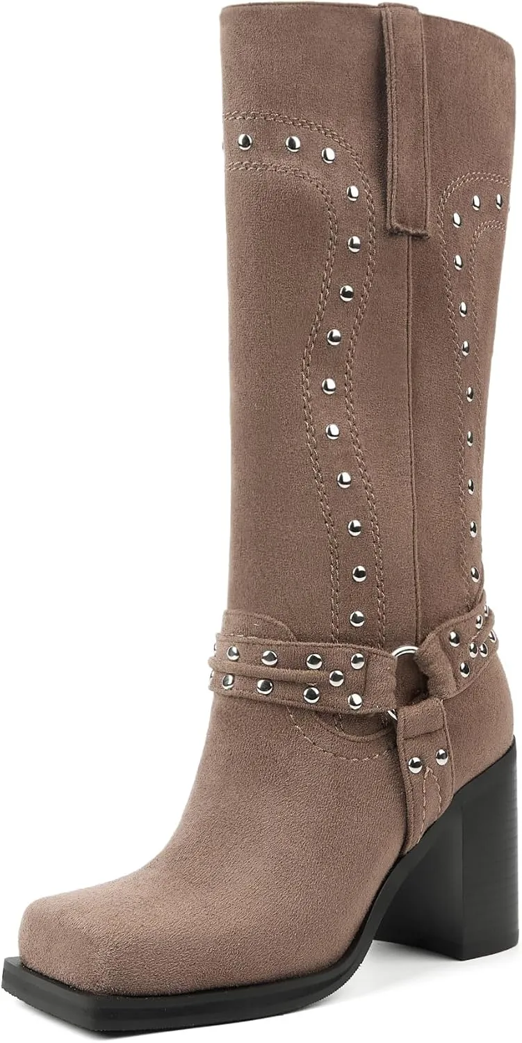 Women's Mid Calf Boots Motorcycle Biker Boots Studded Buckle Square Toe Pull On Block Heeled Booties Fashion Suede Riding Shoes for Women