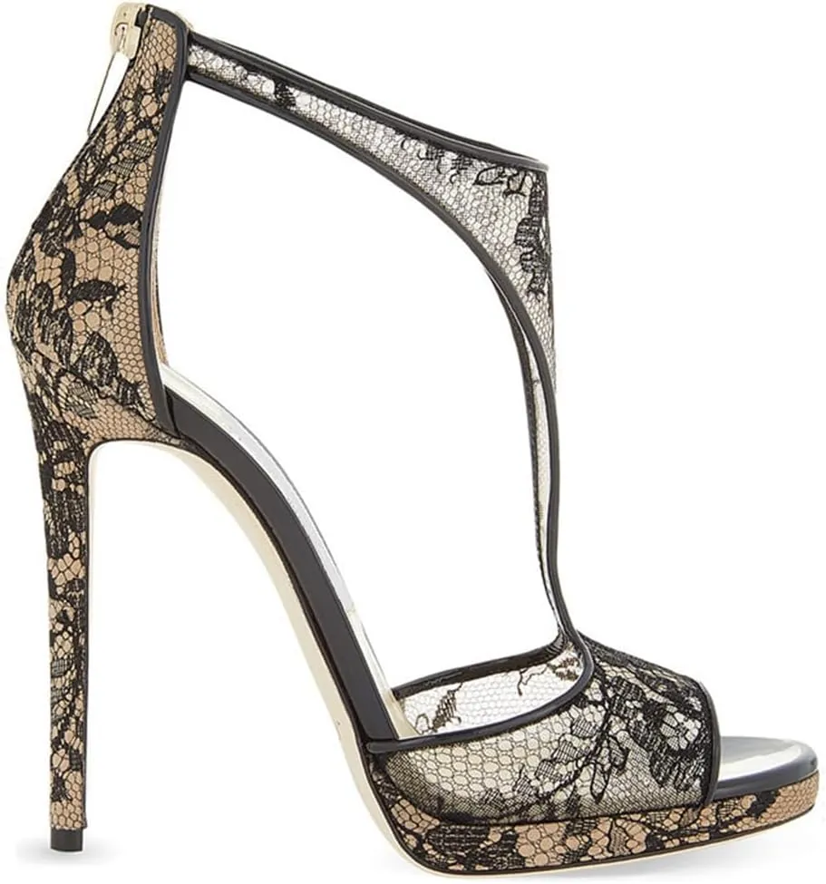 Women's Open Toe T-strap Stilettos High Heels Sandals Summer Platform Mesh Zip Party Dressy Heeled Sandal