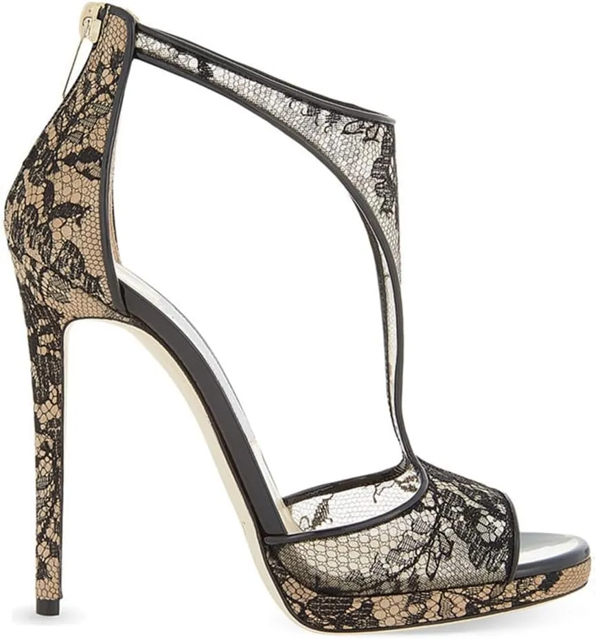 Women's Open Toe T-strap Stilettos High Heels Sandals Summer Platform Mesh Zip Party Dressy Heeled Sandal