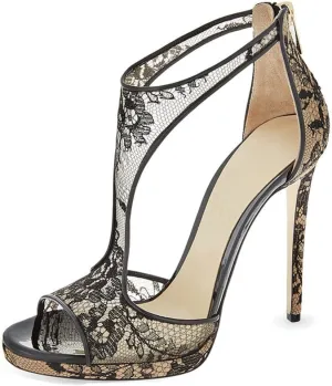 Women's Open Toe T-strap Stilettos High Heels Sandals Summer Platform Mesh Zip Party Dressy Heeled Sandal