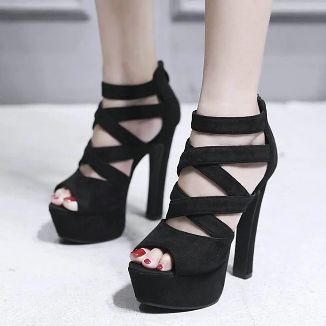 Women'S Peep Toe Strappy High Heels Platform Block Heeled Sandals