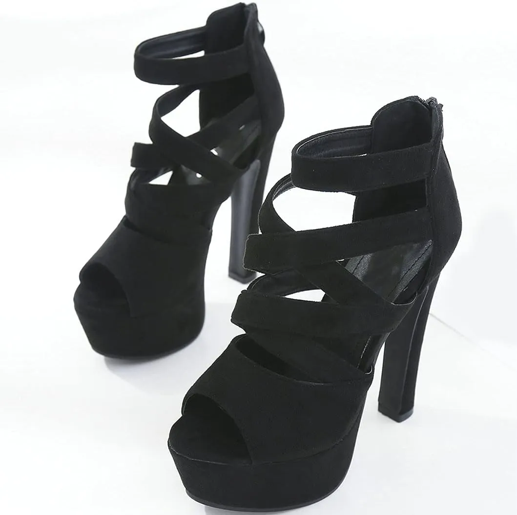 Women'S Peep Toe Strappy High Heels Platform Block Heeled Sandals