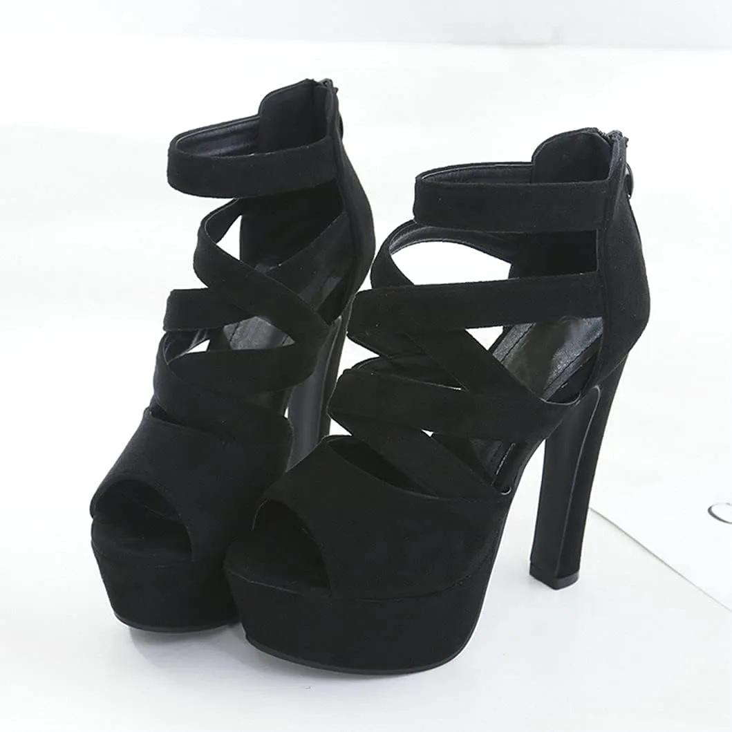 Women'S Peep Toe Strappy High Heels Platform Block Heeled Sandals