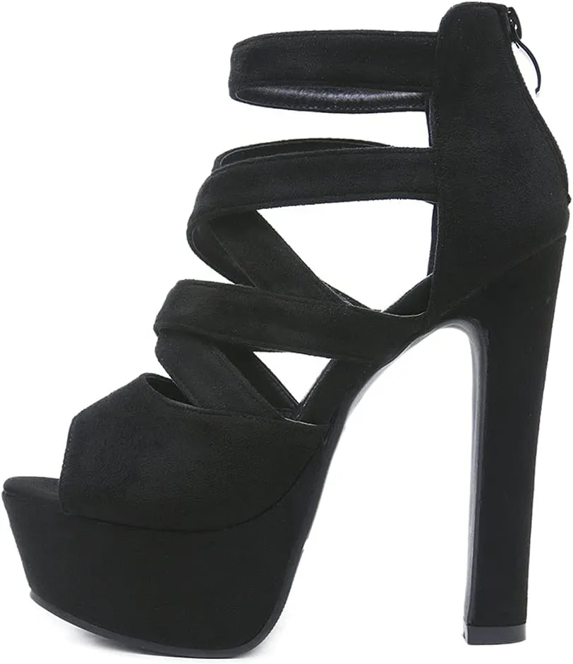 Women'S Peep Toe Strappy High Heels Platform Block Heeled Sandals