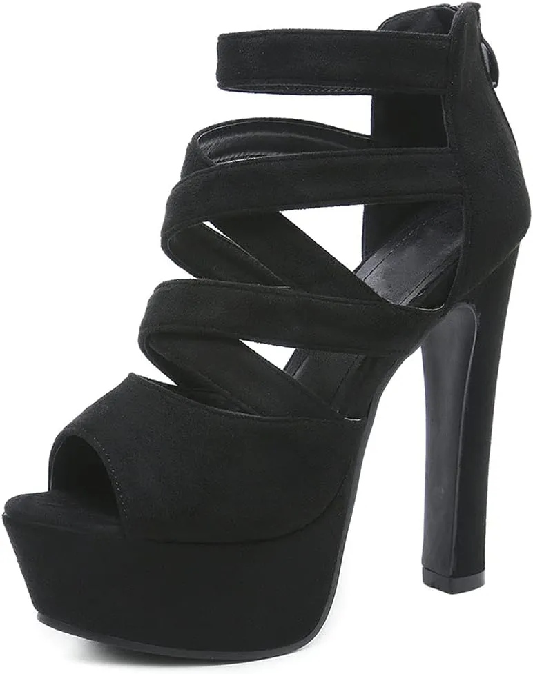 Women'S Peep Toe Strappy High Heels Platform Block Heeled Sandals