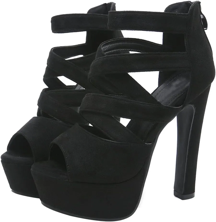 Women'S Peep Toe Strappy High Heels Platform Block Heeled Sandals