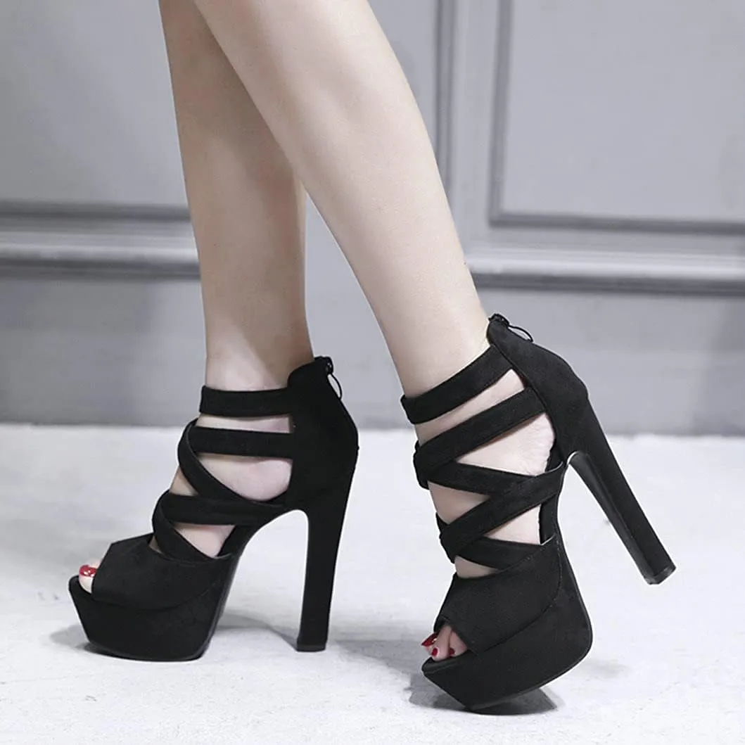 Women'S Peep Toe Strappy High Heels Platform Block Heeled Sandals