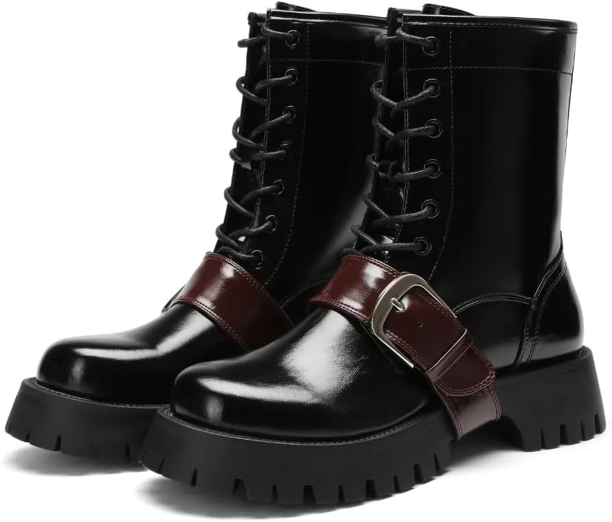Women's Platform Combat Boots with Buckle, Lace-Up Mid-Calf Boots with Low Chunky Heel Lug Sole, Fashion Riding Boots