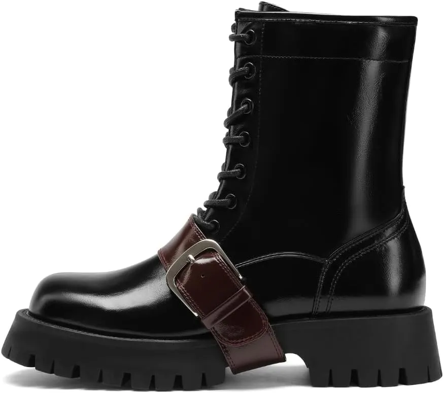 Women's Platform Combat Boots with Buckle, Lace-Up Mid-Calf Boots with Low Chunky Heel Lug Sole, Fashion Riding Boots