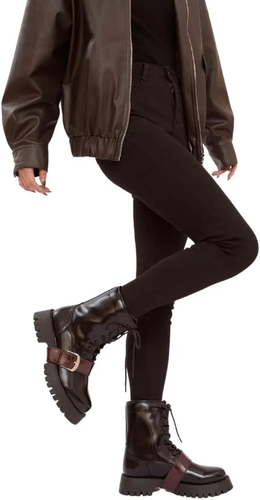Women's Platform Combat Boots with Buckle, Lace-Up Mid-Calf Boots with Low Chunky Heel Lug Sole, Fashion Riding Boots