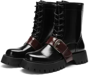 Women's Platform Combat Boots with Buckle, Lace-Up Mid-Calf Boots with Low Chunky Heel Lug Sole, Fashion Riding Boots