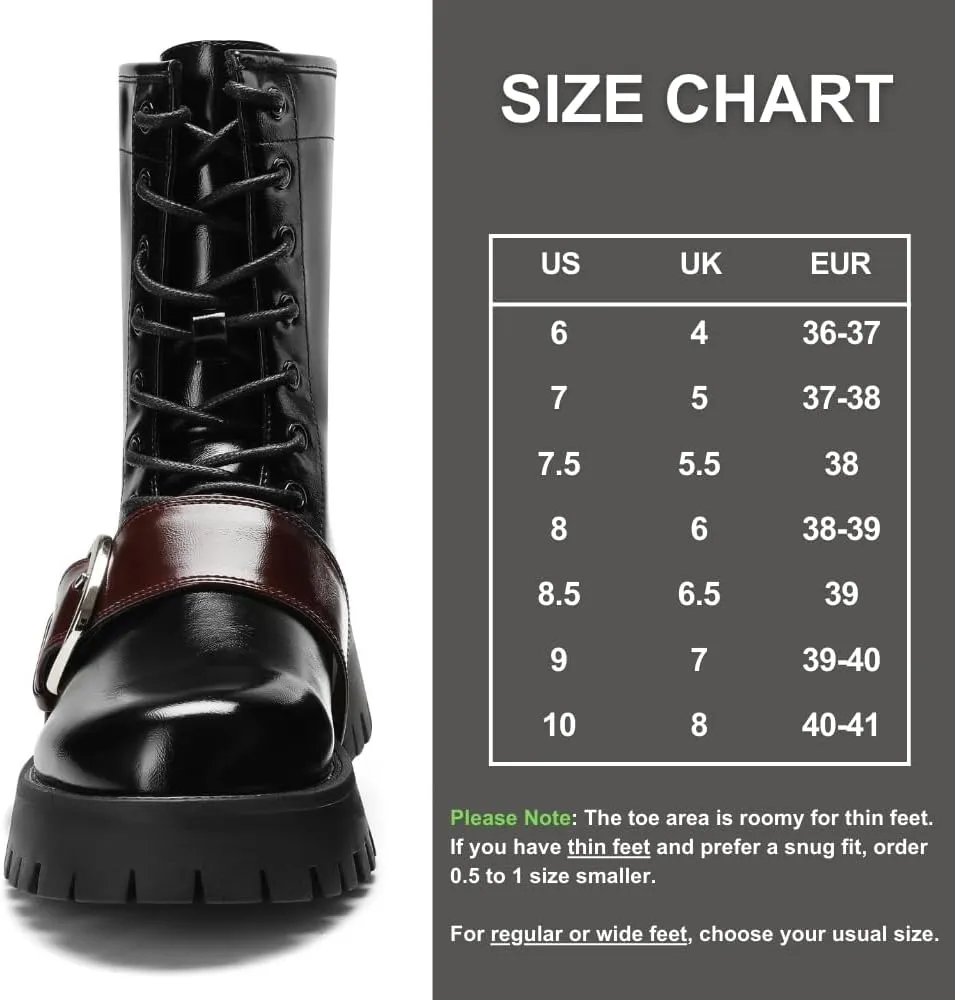 Women's Platform Combat Boots with Buckle, Lace-Up Mid-Calf Boots with Low Chunky Heel Lug Sole, Fashion Riding Boots