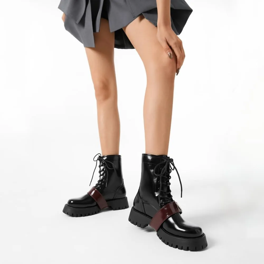Women's Platform Combat Boots with Buckle, Lace-Up Mid-Calf Boots with Low Chunky Heel Lug Sole, Fashion Riding Boots
